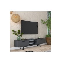 Mueble de TV con 2 Cajones y Estantes en Melamina Negra - Patas Metálicas Negras - 180x29.7x43.6 cm.